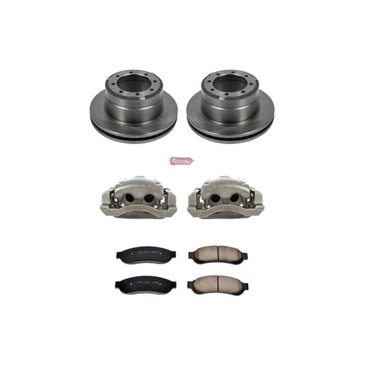 PowerStop OE rear brake kit with calipers for Ford F-350 Super Duty 2005-2010, featuring brake rotors and hardware.
