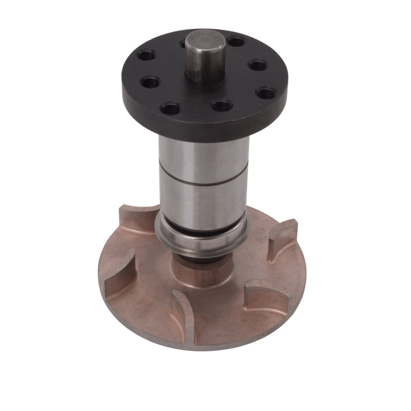 Edelbrock high performance Chevrolet 350 V8 short style water pump in satin finish, showing the pump's compact design and mounting details.