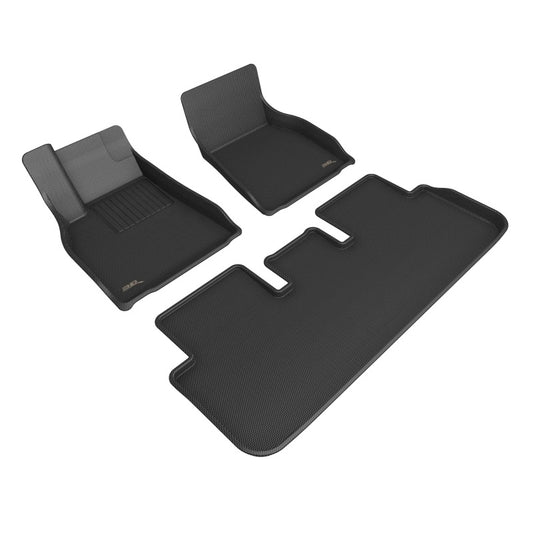 Black 3D MAXpider rubber floor mats for Tesla Model S 2021-2022, covering first and second rows with textured surface.