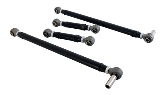 Ridetech 60-64 Ford Galaxie replacement 4-link bar kit with R-joints, double adjustable shock mounts, and camber plates for suspension upgrade.