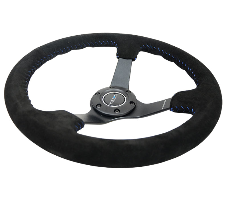 NRG reinforced 350mm black suede steering wheel with blue basketball stitching and 5mm matte black spokes.