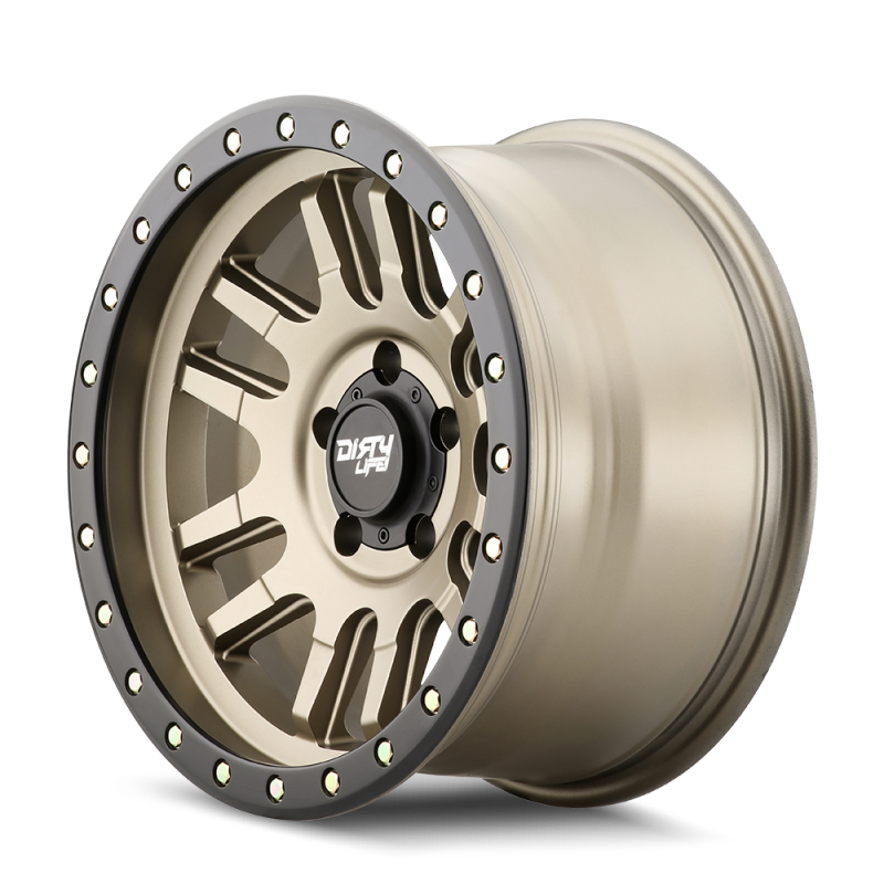 Dirty Life Canyon Pro 17x9 satin gold cast beadlock wheel with 5x127 bolt pattern, -12mm offset, and 71.5mm hub for off-road vehicles.