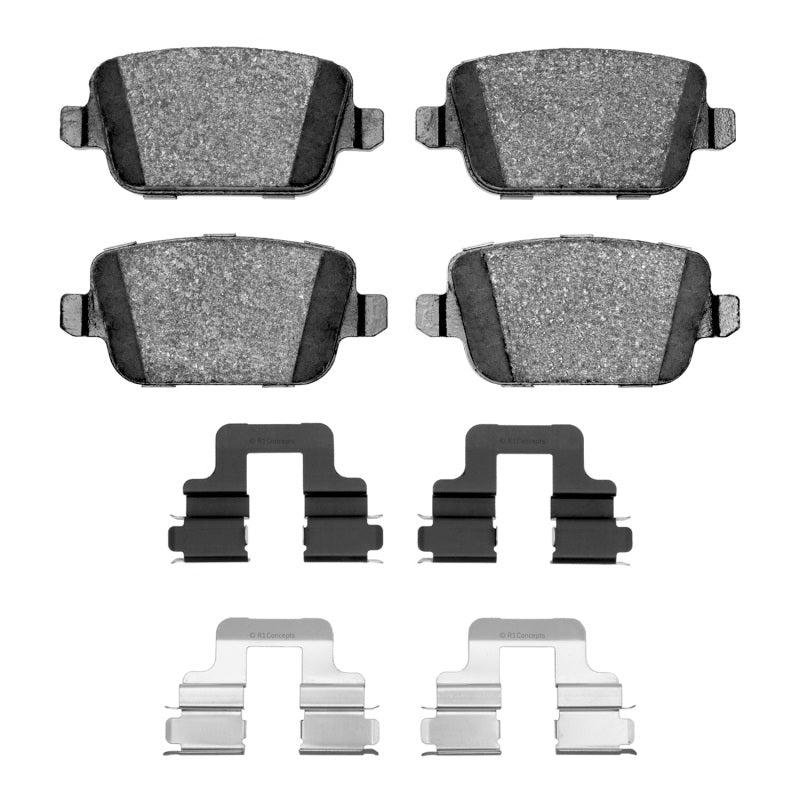 Rear semi-metal brake pads and hardware kit for Volvo S80 (2007-2010) from R1 Concepts, showing OE brake pad set with hardware components.