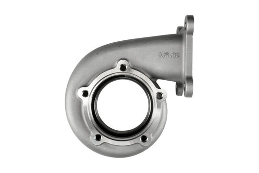 Turbosmart 66mm T4 0.82AR reverse rotation turbine housing for turbochargers, showcasing the metal construction and flange details.