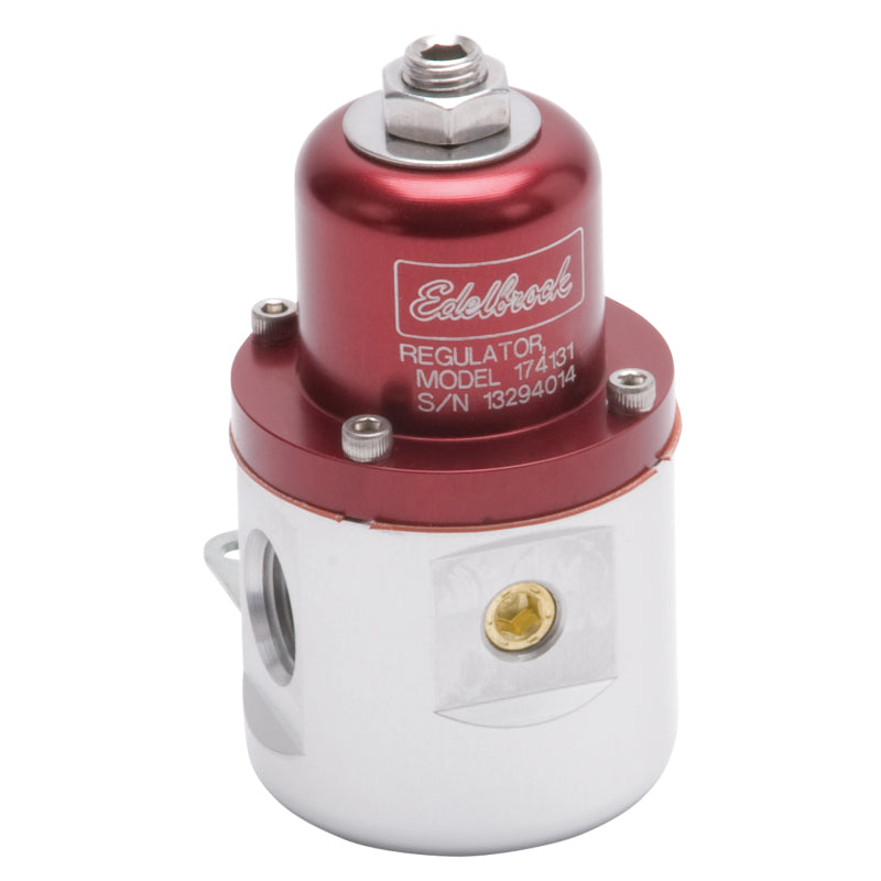 Edelbrock fuel pressure regulator for carbureted engines, 160 GPH, 5-10 PSI, red and clear finish with 3/8 inch inlet and outlet fittings.