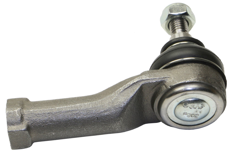 Moog Jaguar X-Type front outer tie rod showing metal rod with rubber boot and threaded end for steering linkage connection.