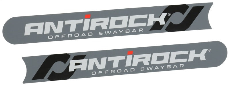 Pair of RockJock Antirock sway bar arm stickers on flat sway bar arms, showcasing branding and application details.