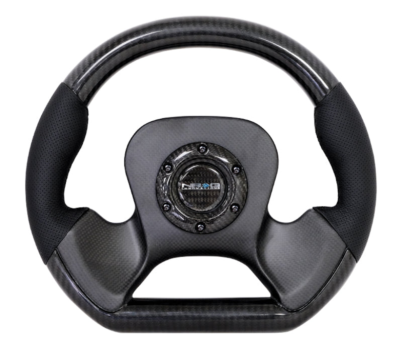 NRG carbon fiber steering wheel with 320mm diameter, CF center plate, two-tone carbon and leather trim handles.