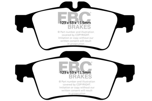 EBC Redstuff rear brake pads for Chevrolet Cobalt 2.0 Turbo SS performance braking, showing the red brake pad surface.