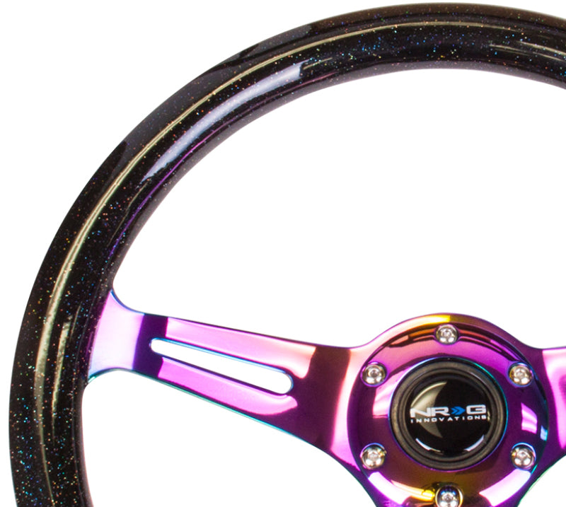 NRG Classic wood grain steering wheel in black sparkle and galaxy color with neochrome 3-spoke design, 350mm diameter.