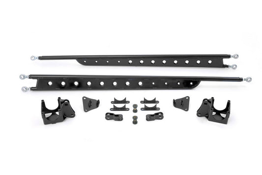 Fabtech Ford F250/F350 4WD floating rear traction bar system showing black metal bars and mounting components.
