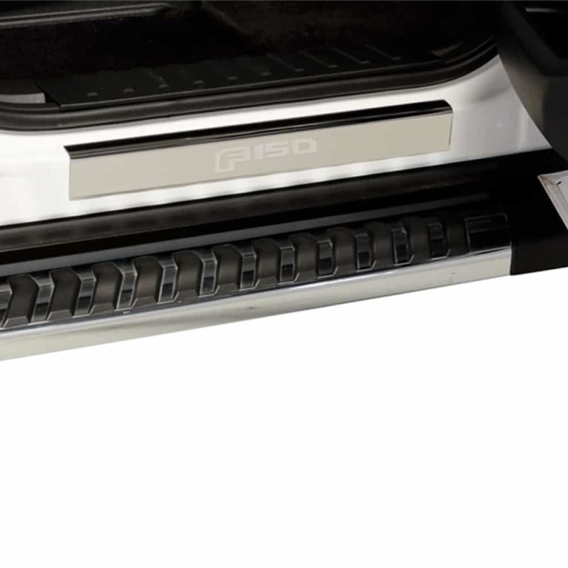 Putco 15-20 Ford F-150 SS door sills with etched F-150 design for regular and super cab models, four-piece stainless steel set.