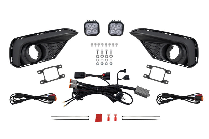 Diode Dynamics Ford Mustang SS3 LED fog lights kit installed on a 2024 Mustang, showing bright LED fog light design.