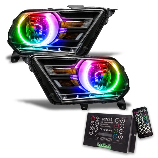 Oracle Ford Mustang HL headlights with ColorSHIFT and 2.0 Controller, non-HID version, showcasing sleek automotive lighting.