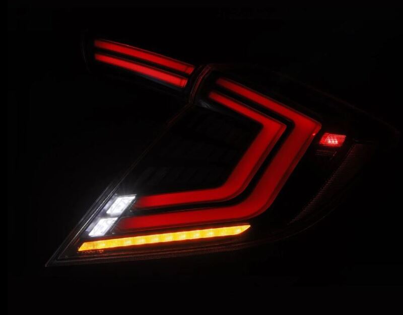Pair of AlphaRex Nova-Series LED tail lights in black for 2016-2021 Honda Civic Hatchback Type-R FK8, showcasing sleek design.