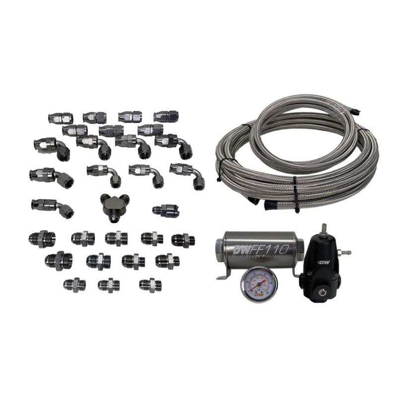 DeatschWerks 08+ Subaru WRX/STI X2 Series fuel pump module with -8AN feed and -6AN return plumbing kit, shown with pump and fittings.