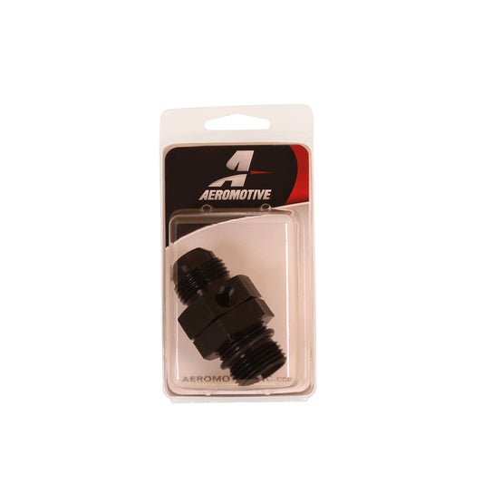 Aeromotive ORB-12 to AN-12 in-line gauge adapter fitting showing detailed metal connector and threading for automotive use.