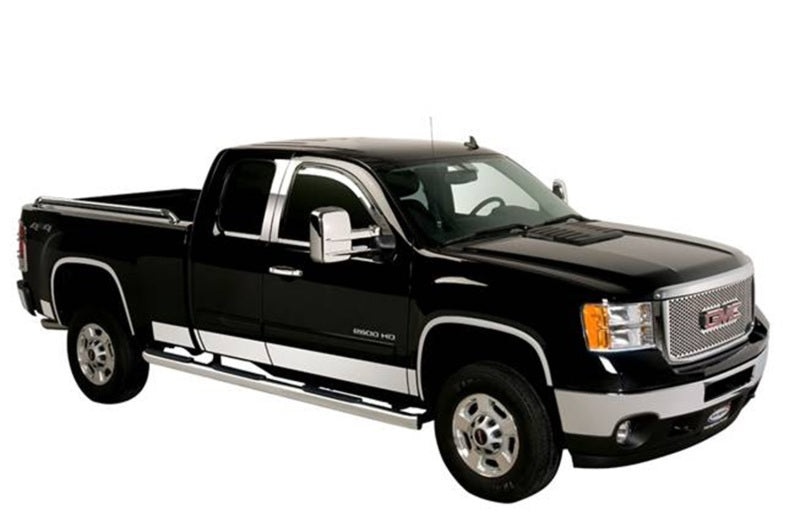 Putco stainless steel rocker panels for 2015-2019 Chevy Silverado HD double cab with 8ft long box, exterior body armor and rock rails.