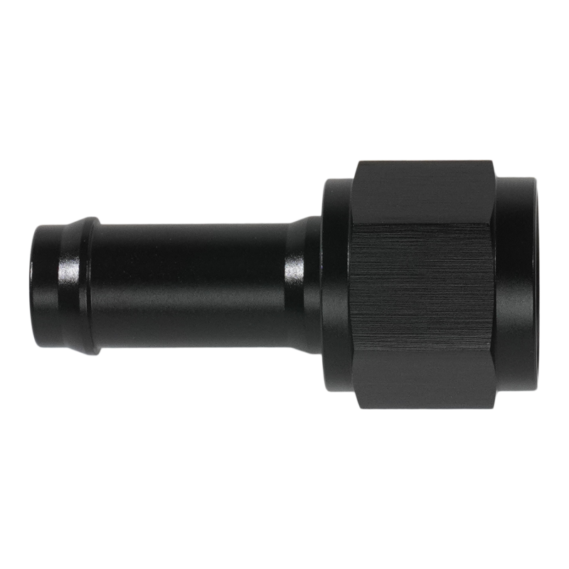 DeatschWerks 8AN female flare swivel fitting connected to a 1/2 inch single hose barb for fuel system applications.