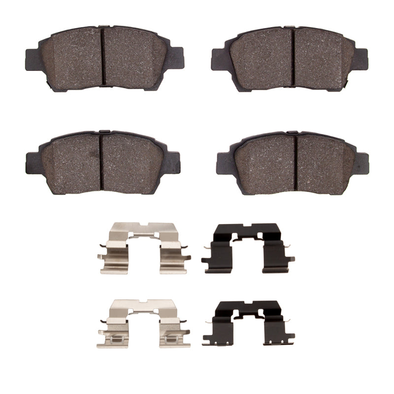 R1 Concepts Toyota Echo front ceramic brake pads and hardware kit with OE design, shown with metal hardware components.