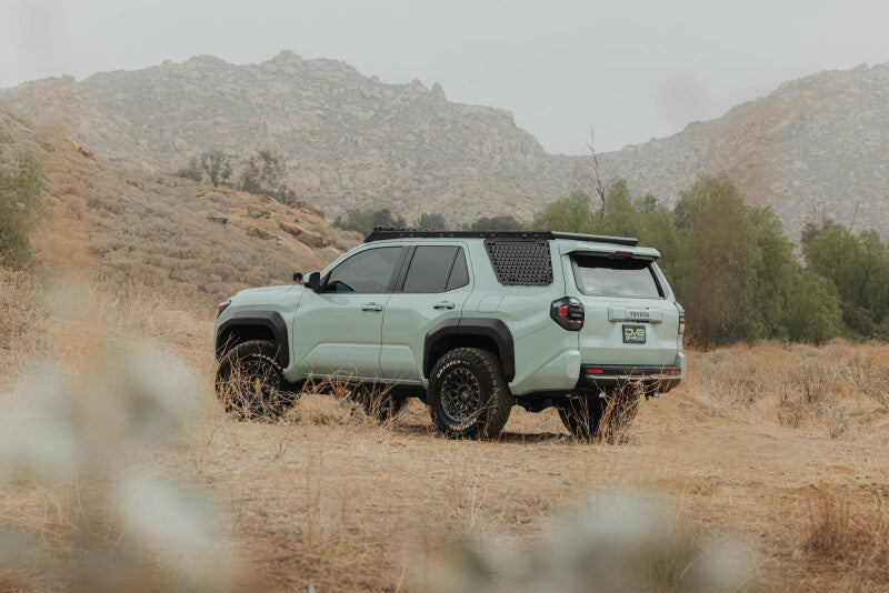 DV8 Offroad Toyota 4Runner exterior window Molle panel for DV8 roof rack on driver side, part of the vehicle's exterior trim.