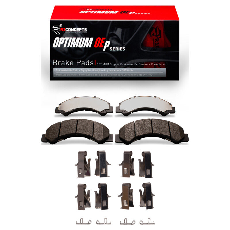 R1 Concepts OE brake pads and hardware kit for Chevrolet W4500 Tiltmaster 1998-2024 with front rotors, front and rear application