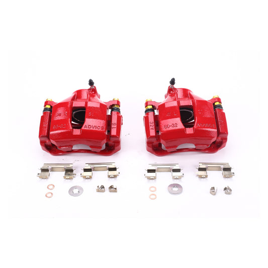 Pair of PowerStop 2006 Lexus GS300 front red performance brake calipers with brackets, shown installed on the vehicle.