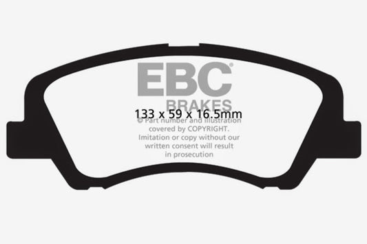 EBC 12+ Hyundai Accent 1.6 Ultimax2 front brake pads showing OE brake pad design and branding.
