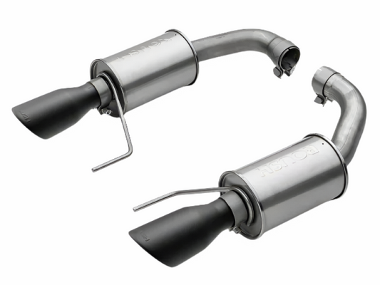 Roush 15-17 Mustang GT black tip axle back exhaust system with dual exhaust tips and polished finish.