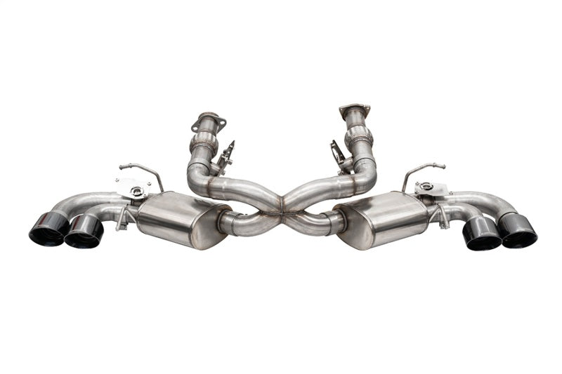 Black PVD Corsa 20-26 Corvette C8 catback exhaust with factory NPP system and 4.5-inch Pro-Series tips, showcasing sleek performance design.