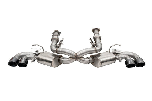 Black PVD Corsa 20-26 Corvette C8 catback exhaust with factory NPP system and 4.5-inch Pro-Series tips, showcasing sleek performance design.