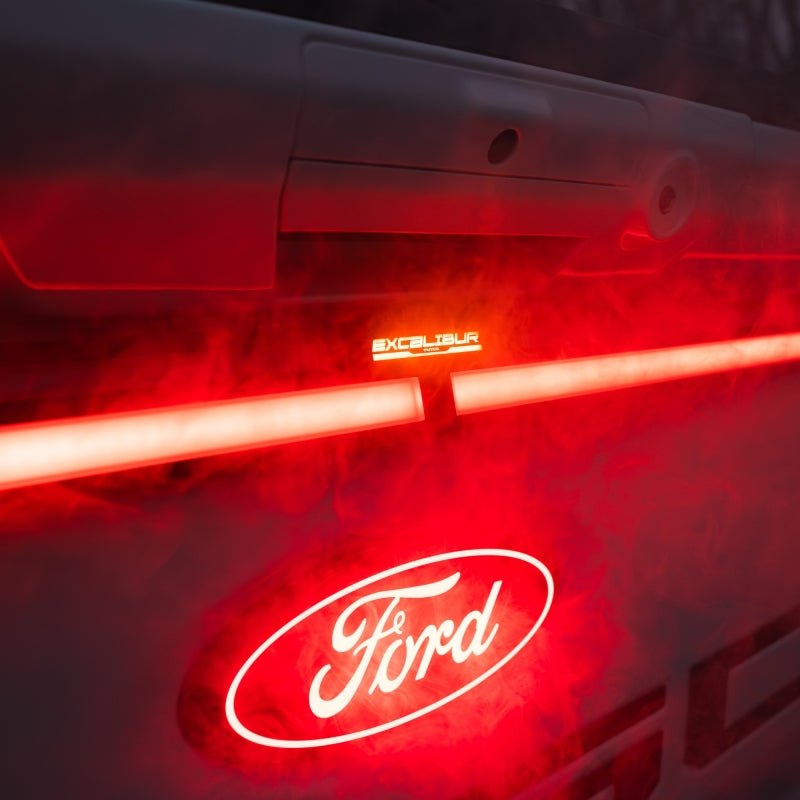 Putco Excalibur LED third tail light for 2021-2023 Ford F150 with OE LED taillights and Tow Tech, no access panel visible.