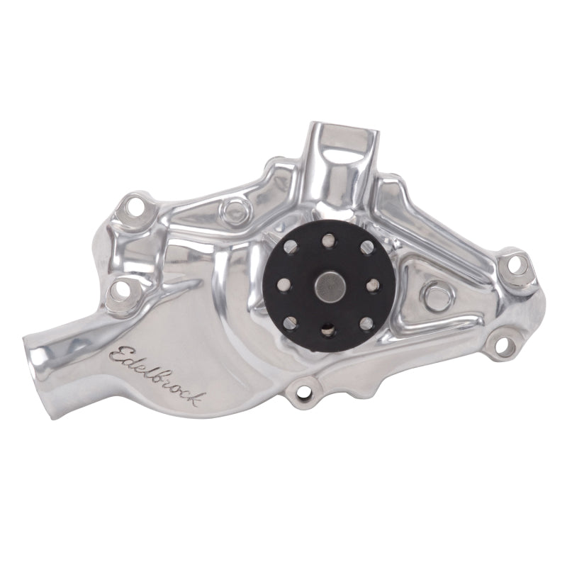 Polished Edelbrock high-performance water pump for Chevrolet 350 V8 engine, short style with detailed metal finish.