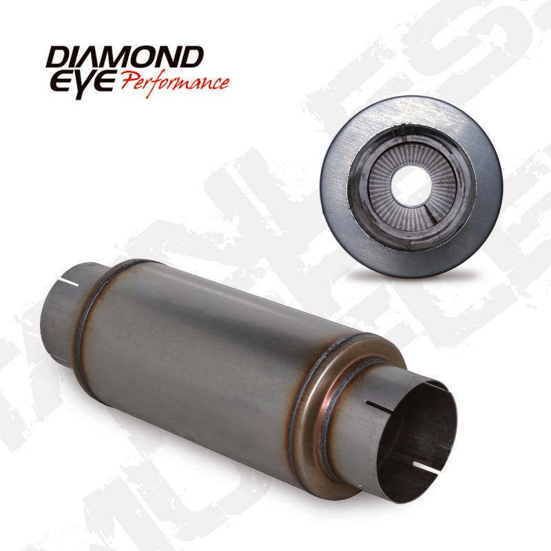 Diamond Eye Performance exhaust muffler, 5-inch inlet, 7-inch diameter, 14-inch body, 20-inch length, slotted ends, stainless steel 409