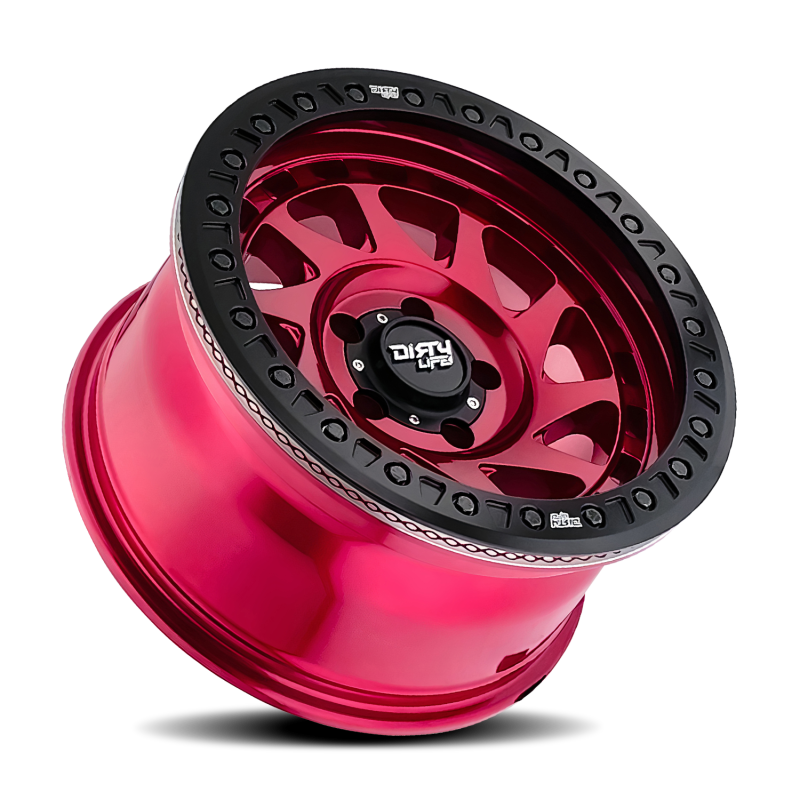 Dirty Life Enigma Race 17x9 cast wheel in crimson candy red with 5x127 bolt pattern, -12mm offset, and 78.1mm hub.
