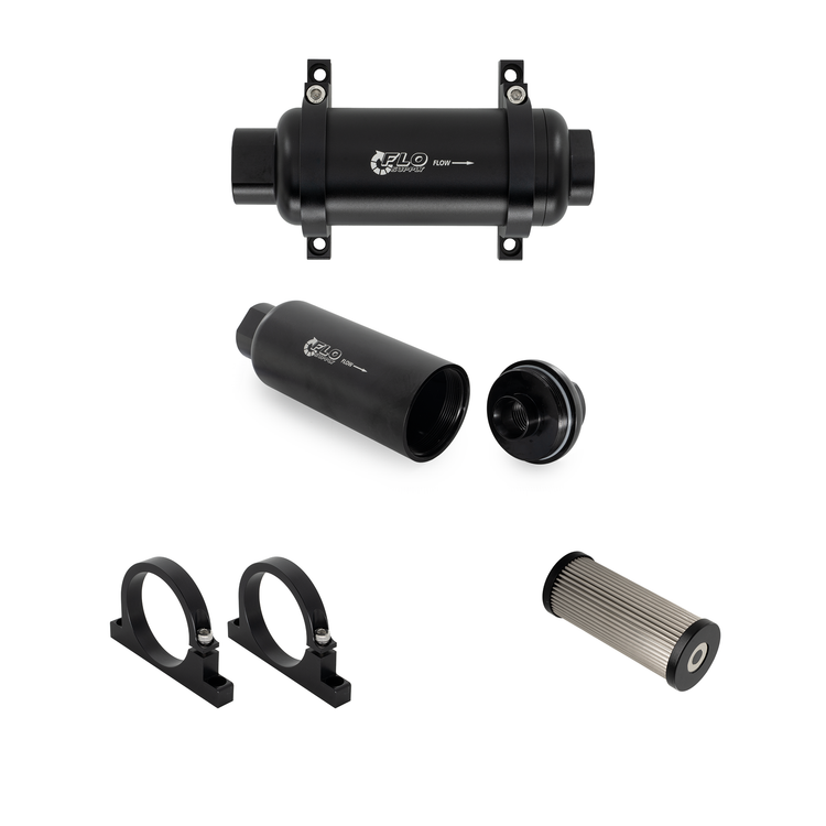 Flo Supply 100 Micron Inline Fuel Filter - Housing, Filter, & Clamp � Female 12AN ORB