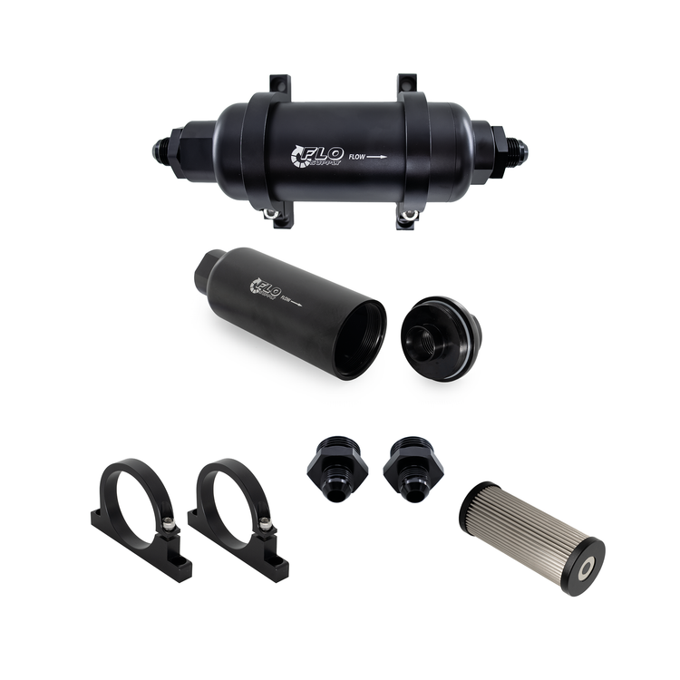 Flo Supply Inline Fuel Filter Kit - Housing With 8AN Male Fittings - 40 Micron Inline Fuel Filter