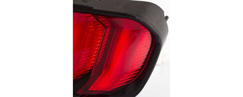 Raxiom Ford Mustang Euro Style LED tail lights with gloss black housing and red lens for 2015-2023 models.