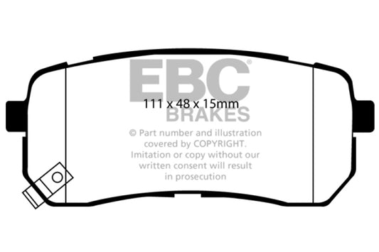 EBC 15+ Kia Sedona 3.3 Ultimax2 rear brake pads, OE style, showing the new brake pad set with metal backing plates.