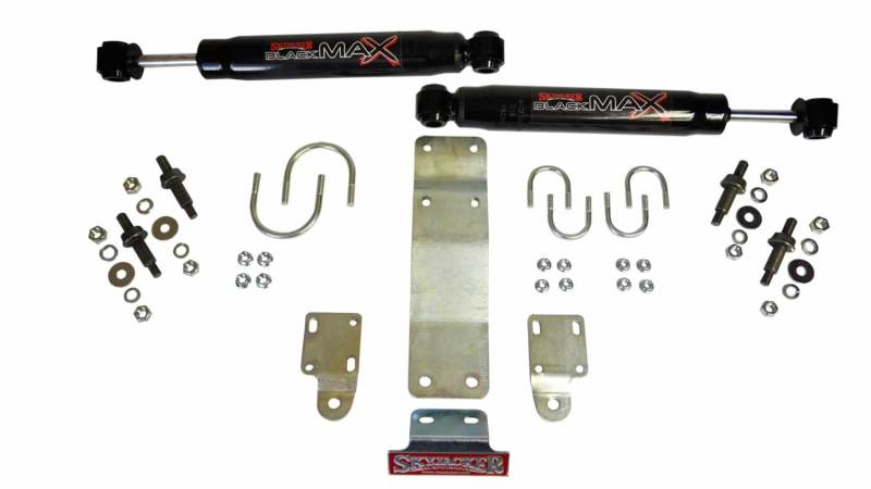 Skyjacker dual steering damper kit with black max for 2007-2017 Jeep Wrangler JK, designed to use with OEM tie rods.