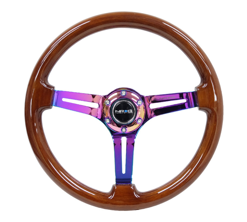 NRG reinforced steering wheel with 350mm brown wood grip, black matte spokes, and neochrome center mark for sports car interior.