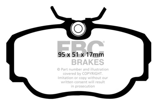 EBC Redstuff front brake pads for BMW 318 1.8 E30, performance brake pads with red friction material and metal backing plates.