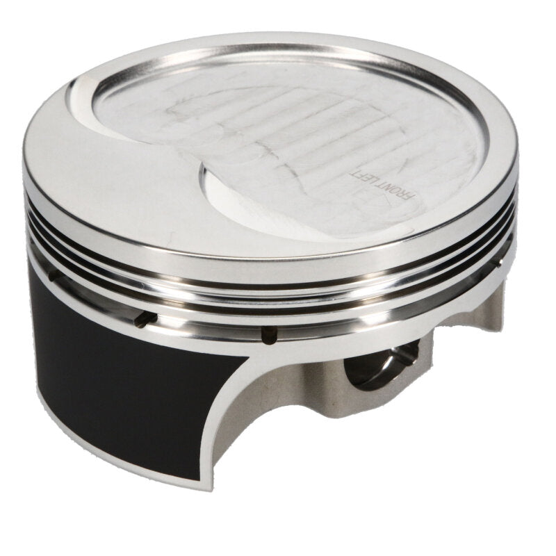 Set of 8 JE Pistons GM LS3 LS4 Stroker forged 2618 pistons for 8-cylinder engine, shown in a close-up view.