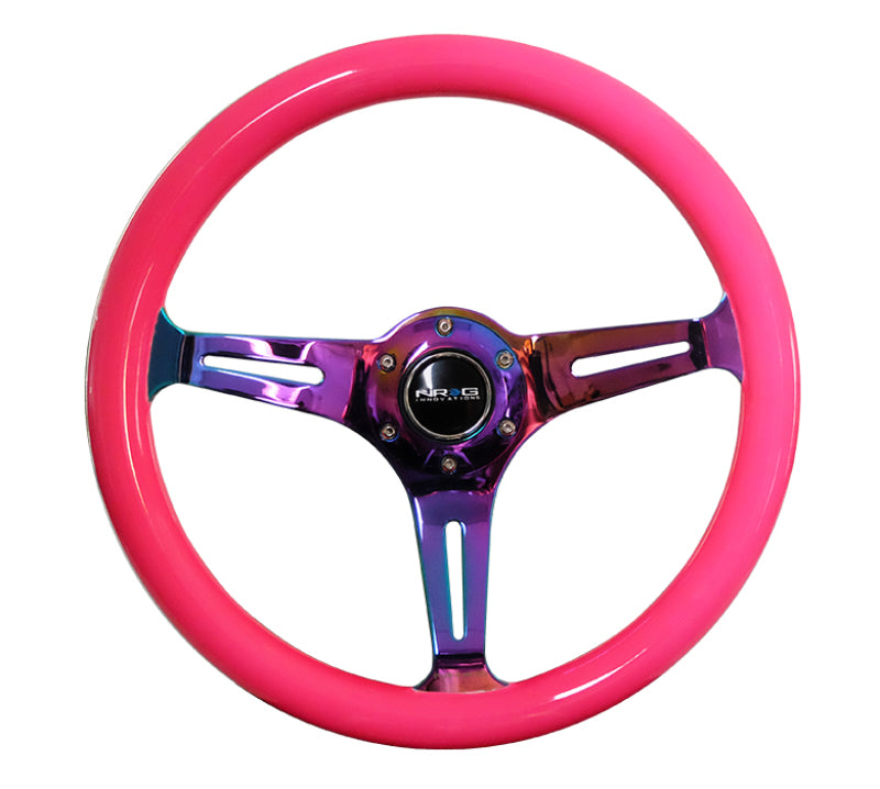 NRG Classic Wood Grain Steering Wheel with neon pink painted grip and neochrome 3-spoke center for racing or custom cars.