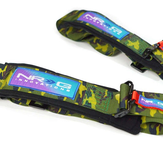 NRG 5-point 3-inch blue seat belt harness with cam lock for racing and safety applications, featuring sturdy straps and secure buckle.