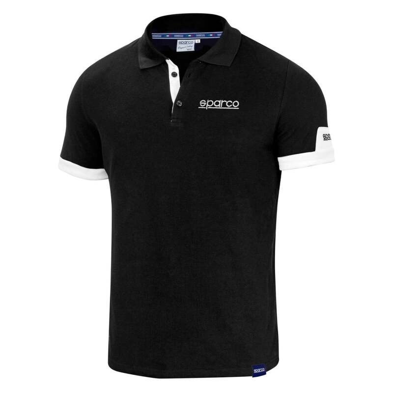Black Sparco Polo Corporate shirt in small size displayed on a mannequin, featuring a classic collar and short sleeves.