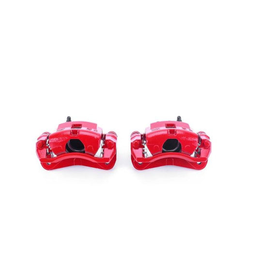 Pair of PowerStop red front brake calipers with brackets for Kia Rio 2003-2005, performance replacement part.