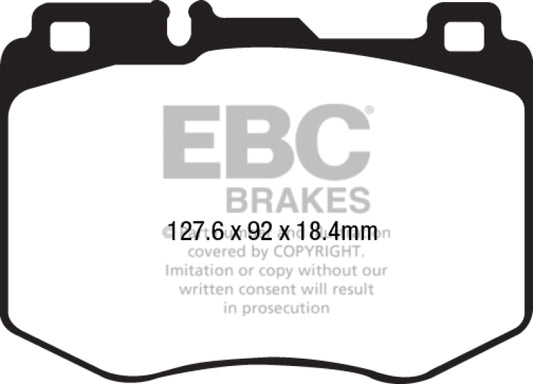 EBC 2016+ Mercedes-Benz GLC300 front brake pads, OE Ultimax2 2.0L Turbo, shown in black with metal backing plates.
