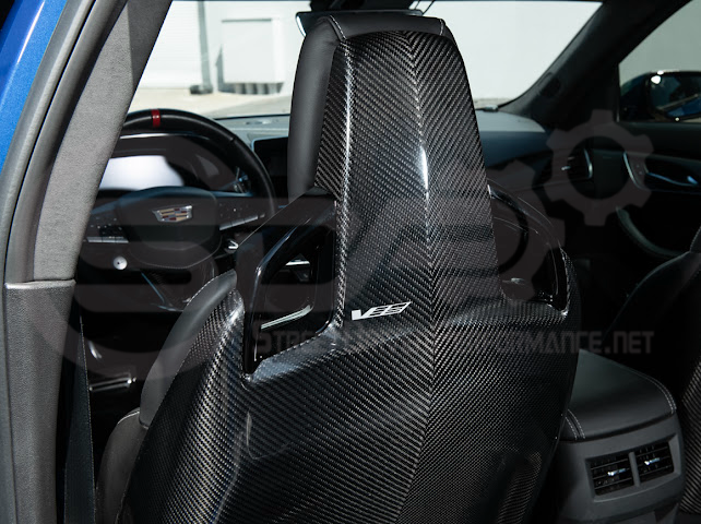 Pair of black carbon fiber seat back panels for Cadillac CT5-V and CT5-V Blackwing interior dash and trim by Street Driven Performance.
