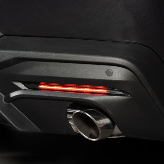 Pair of red LED rear reflectors for 2018+ Ford Mustang by FORM Lighting, featuring bright, durable light strips for enhanced visibility.